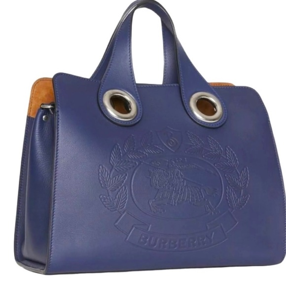 Like New! Burberry Regency Blue Leather Crest Grommet Tote Authentication Info - Picture 2 of 9